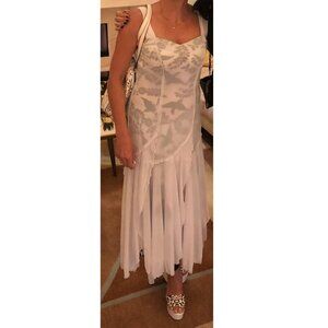 Women’s White Floral Layered Maxi Dress Sheer Overlay Elegant